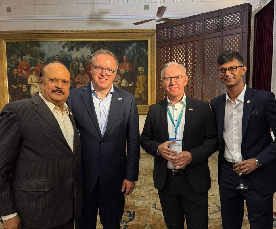 ASMACS Group representatives with Mr. Mario Voigt, Minister-President of Thuringia, Germany, and a German delegate at the KAS India Reception, The Imperial Hotel, New Delhi
